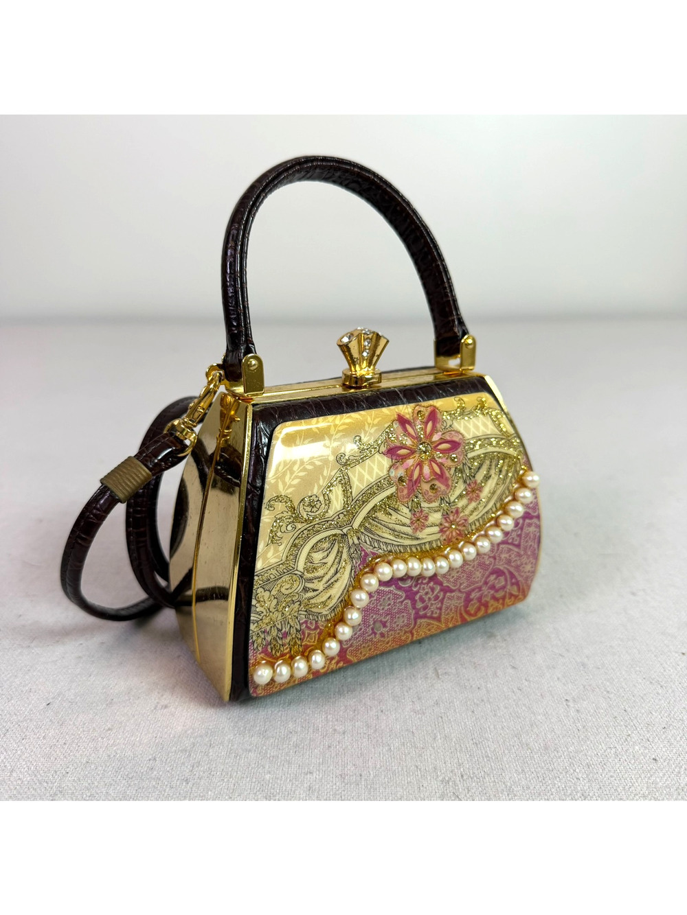 Debbie Brooks Mini Hard Shell Purse Floral Paisley Pearls Crossbody Clasp Signed